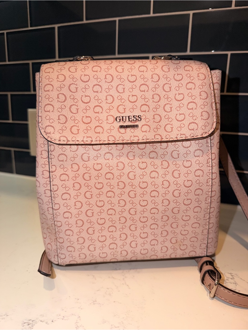 GUESS Pink Logo-Print Backpack Crossbody